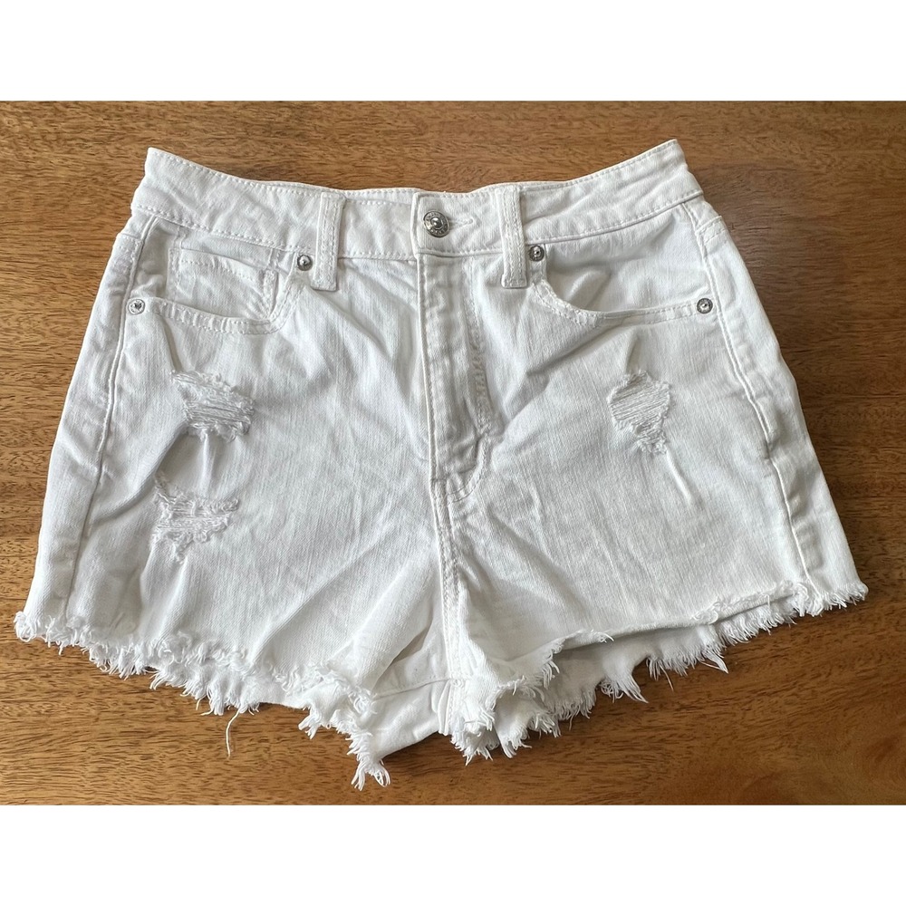 American Eagle White Distressed Super Stretch Denim Shorts Womens Sz 2 High Rise